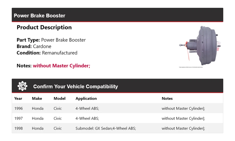 Booster de freno eléctrico Cardone 1997 para Honda Civic 1996-1998 Foto 2 de 4