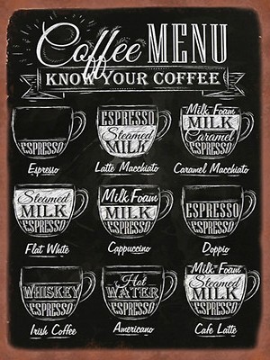 Holzschild 30x40 Kaffee Coffee Menu flat white Doppio Wand Deko Cafe Sammler Ges