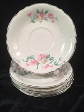 Homer Laughlin Double Spray of Pink & White flowers w/Platinum Trim 6 Saucers