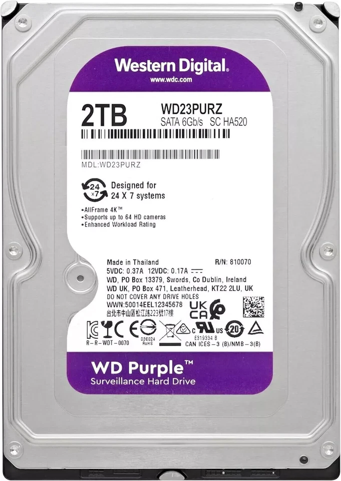 HDD Videosorveglianza 2TB Purple HDD Interno 2000 GB SATA III Western Digital