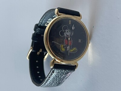 Vtg Pulsar Mickey Mouse Watch Unisex 33mm Gold Tone Date Leather New Battery
