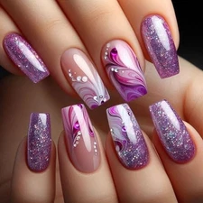 24Pcs Purple Press on Nails Medium Square Fake Nails with Rhinestone Style 4