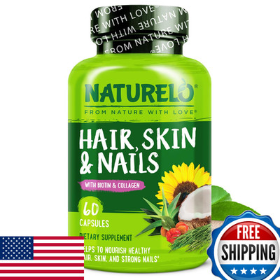 NATURELO Hair Skin Nails Vitamins 5000mcg Biotin Collagen Natural Vitamin E 60 C