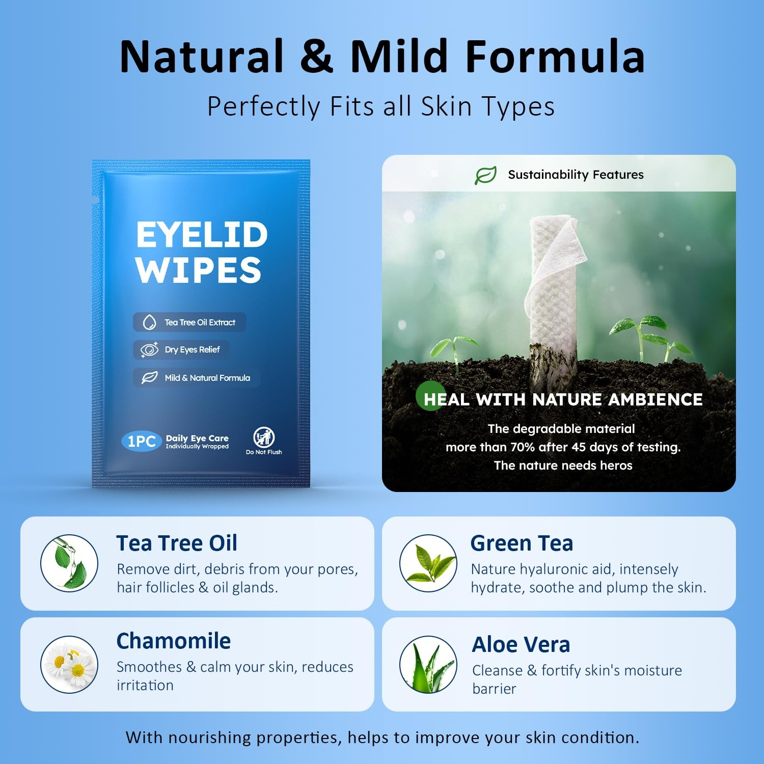 Tea Tree Eyelid & Lash Wipes 30 Pack Soothing Cleansing for Styes & Dry Eyes