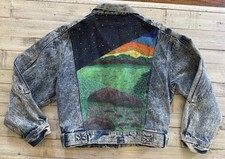 VTG Medium Acid Wash Denim Jean Jacket Custom Hand Painted Star Gazing Sunset