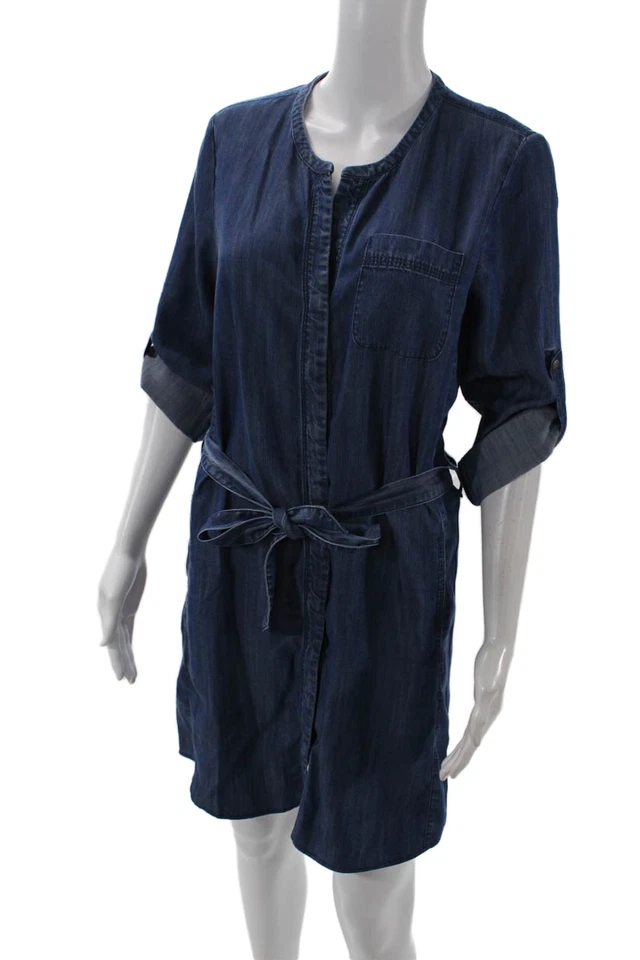 Mini Vestido Crudo Para Mujer Botón Frontal Manga 3/4 Cuello en V Cinturón Azul Talla Pequeña Foto 2 de 4