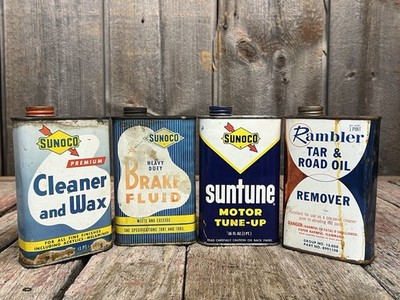 Lot Of 4 Vintage Cans - SUNOCO Brake Fluid, Oil, Cleaner & Wax And RAMBLER Oil