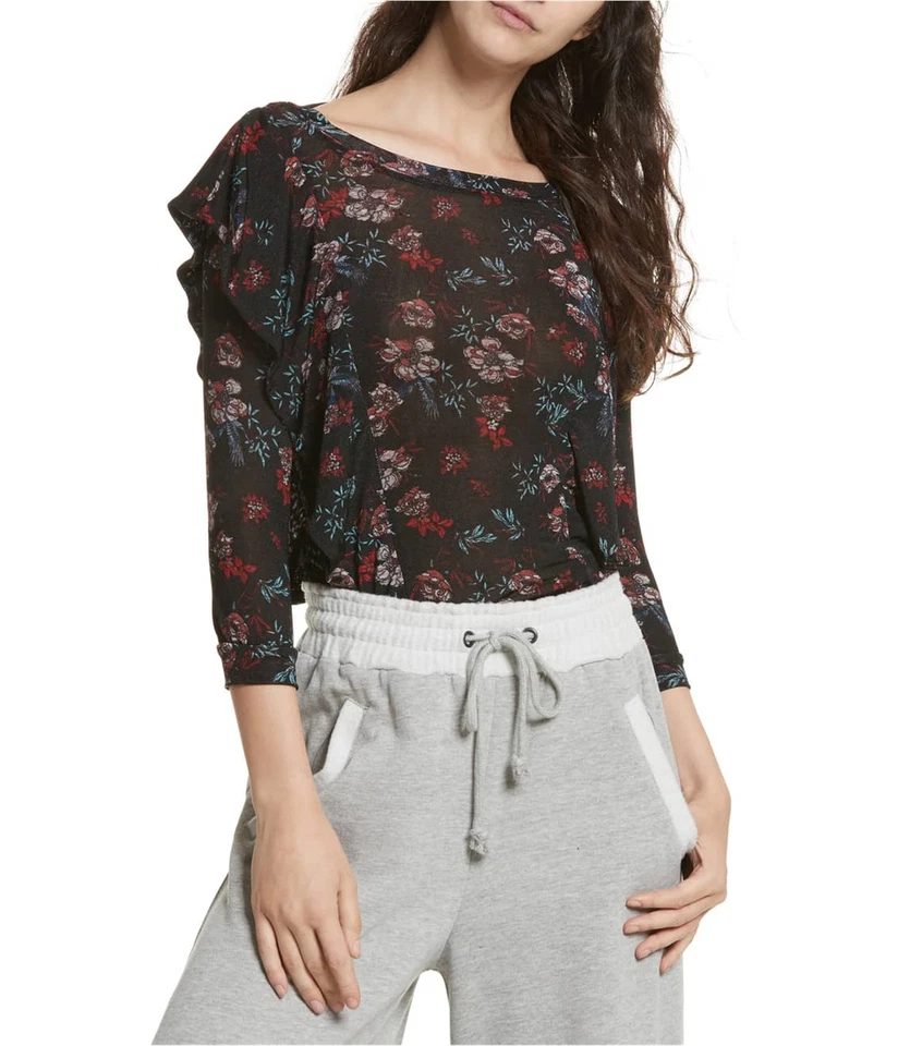 Free People Womens People Dock Street Knit Blouse, blackcombo, L