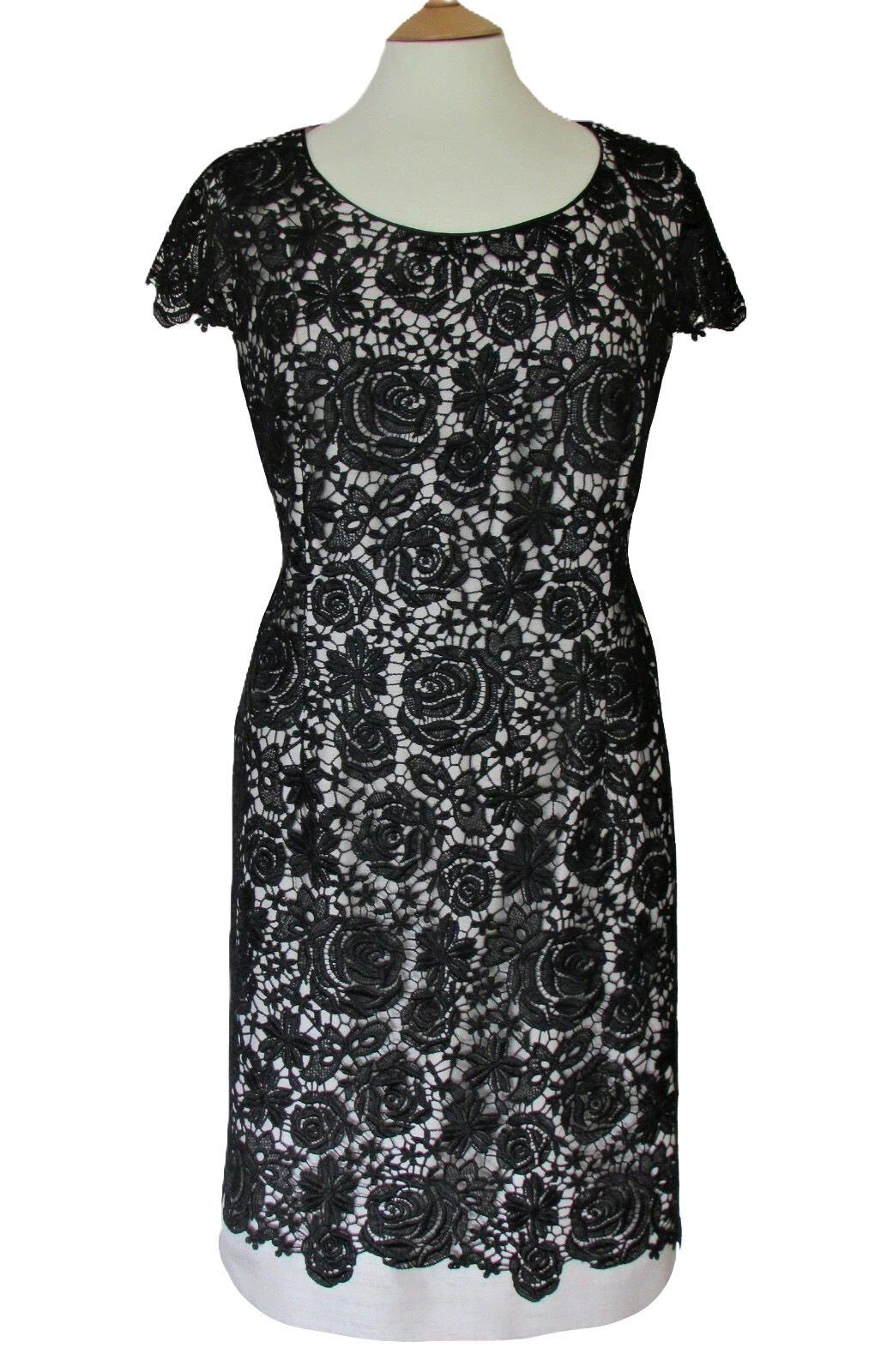 Jacques Vert Black Lace on Beige Shantung Pencil Dress UK18 RRP £199 New DEFECT