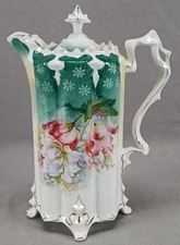 RS Prussia Mold 33 Pink & White Flowers Teal Yellow & Gold Chocolate Pot
