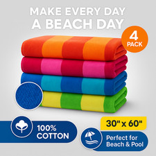 Large Beach Towels 4 Pack 100 Cotton 30x60 Striped Soft Quick Dry Pool Bath