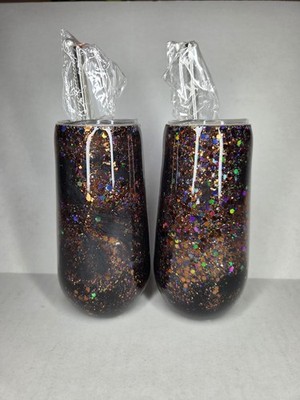 Glitter Stemless Champagne Wine Tumblers Brown Glitter New Handmade Set Of 2