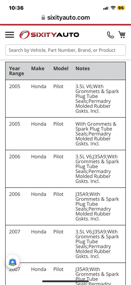 Juego de juntas de cubierta de válvula de motor Fel-Pro para Honda Pilot 2005-2008 3,5 L V6 Foto 2 de 4