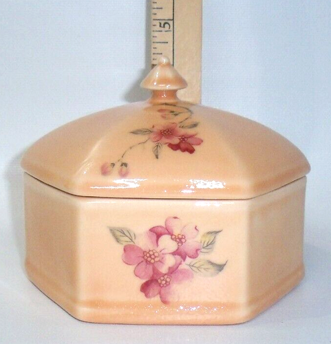 Scatola del tesoro vanità vintage porcellana ricoperta floreale rosa pesca bordeaux - Foto 2 di 7