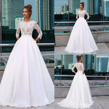 White Lace Wedding Dress with Jewel Neck and Pockets Elegant 3/4 Sleeve Satin