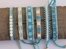 6 Pack Seed Bead Adjustable Bracelet - Turquoise & Silver Beaded Bracelet