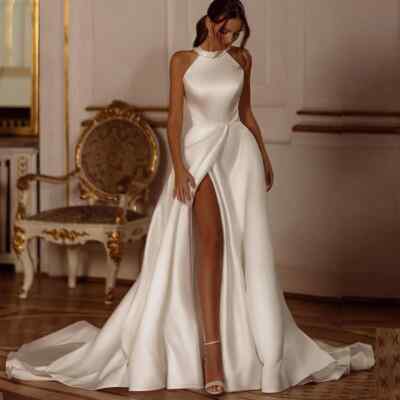 Elegant Halter Collar Pearls Wedding Dress High Slit Back Bow Stain Bridal  Gowns | eBay