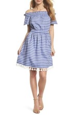  ELIZA J STRIPE OFF THE SHOULDER BLUE/WHITE DRESS  sz 6