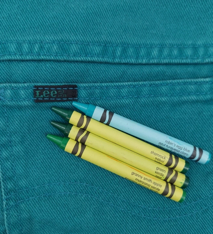 Jeans verdes raros hechos por Lee Union vintage de los 90 con costuras azules, cintura alta, talla 30 pulgadas Foto 2 de 4