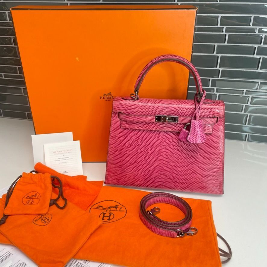 Hermès Rouge H Sellier Kelly 25cm of Shiny Niloticus Lizard with