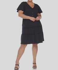 White Mark Womens Black V-Neck Tiered Faux-Button A-Line Dress Plus Size 1XL