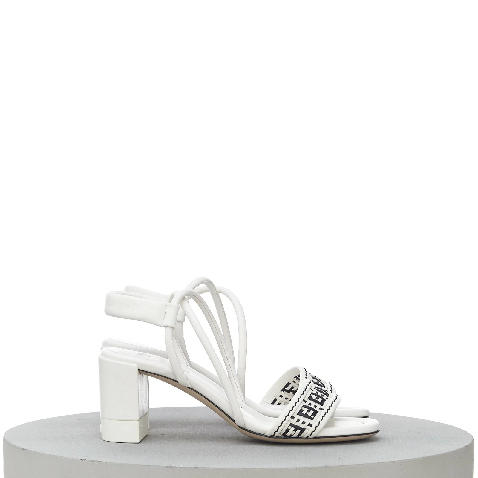 Fendi — FENDI 795$ White Leather Sandal, Cross-Over Strap, Wide FF Woven Motif Band