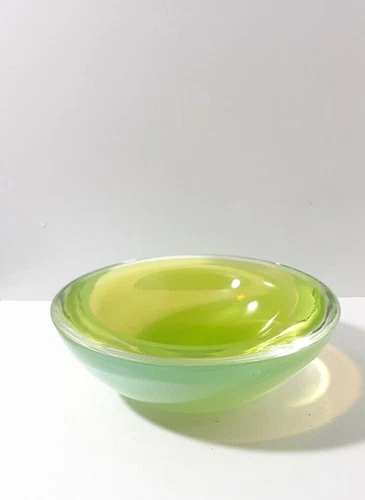 Vintage Murano Art Glass Lime Green White Cased Geode Bowl  6.5" Diameter