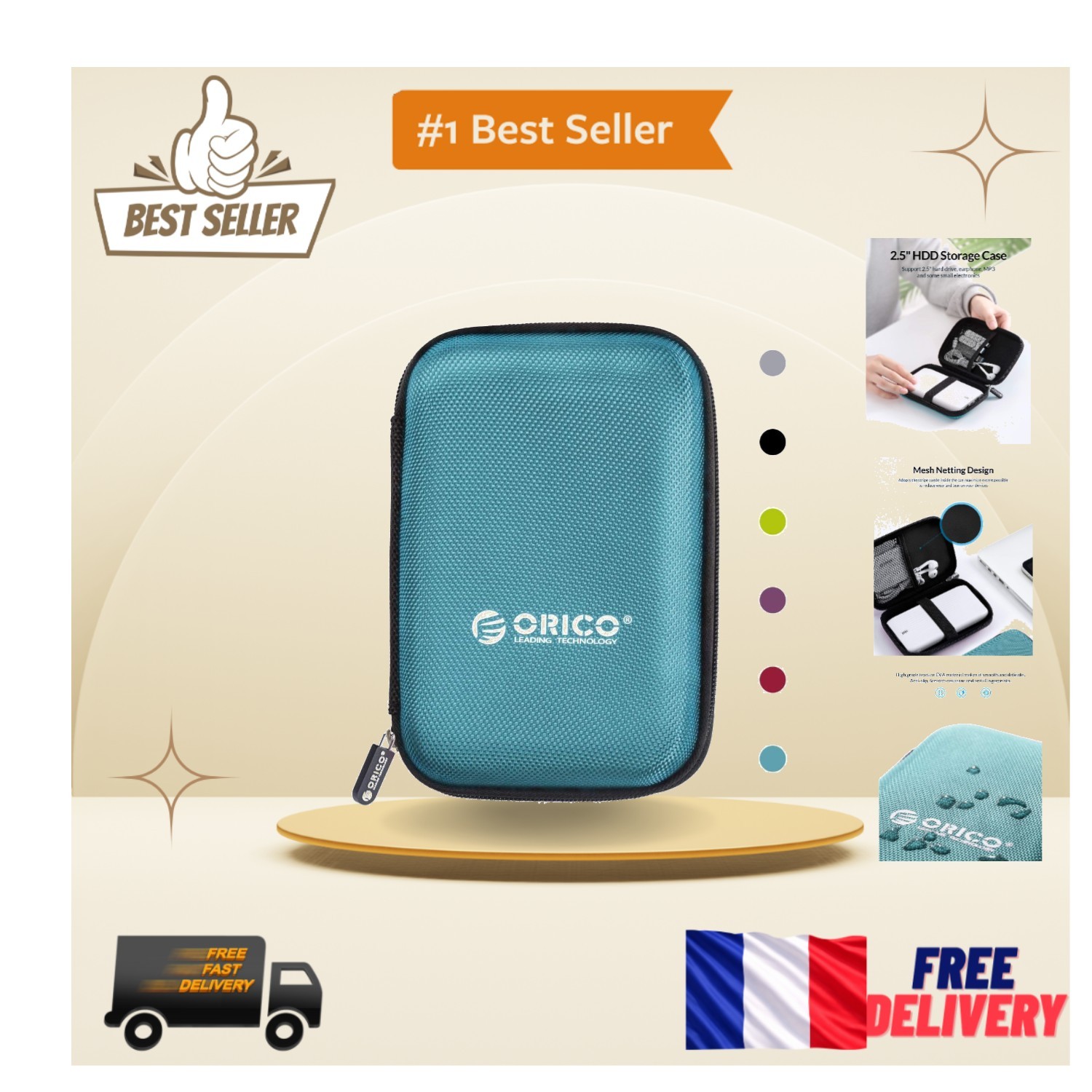 ORICO Étui de Protection Étanche 2.5'' Bleu pour Disque Dur Externe et Câbles