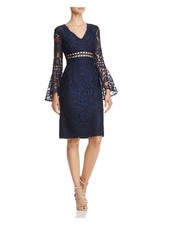 AQUA Womens Navy Lace Floral V Neck Knee Length Cocktail Sheath Dress 0