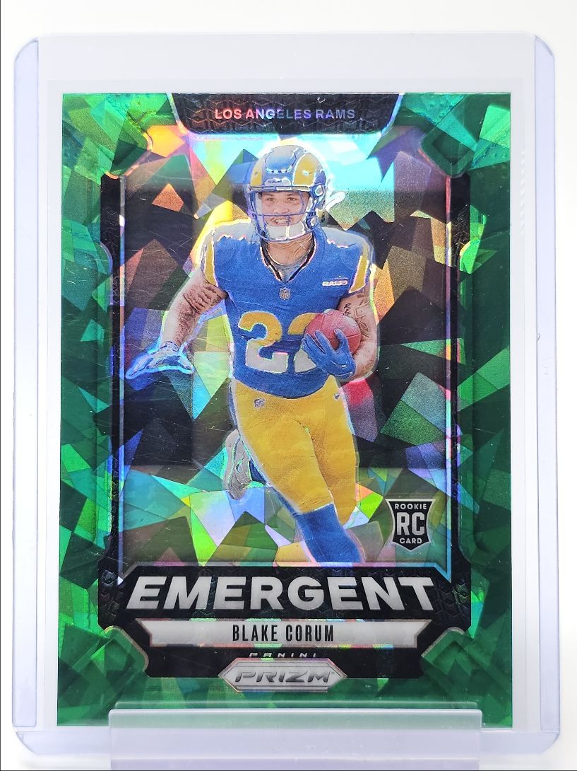 BLAKE CORUM 2024 PANINI PRIZM EMERGENT ROOKIE GREEN ICE RAMS RC Q5997