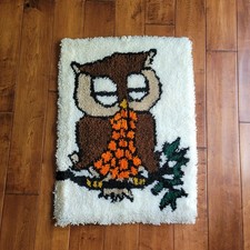 Vintage Owl Latch Hook Wall Hanging Rug 20 x 27.5 Sleeping Owl on Branch