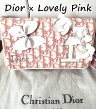 Christian Dior Flower Motif Shoulder Bag Pink Canvas Cotton w/ Dust Bag & Card