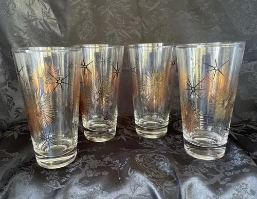 Set Of 4 Vintage Federal Glass Gold & Black Atomic Starburst 5 5/8” Tumblers