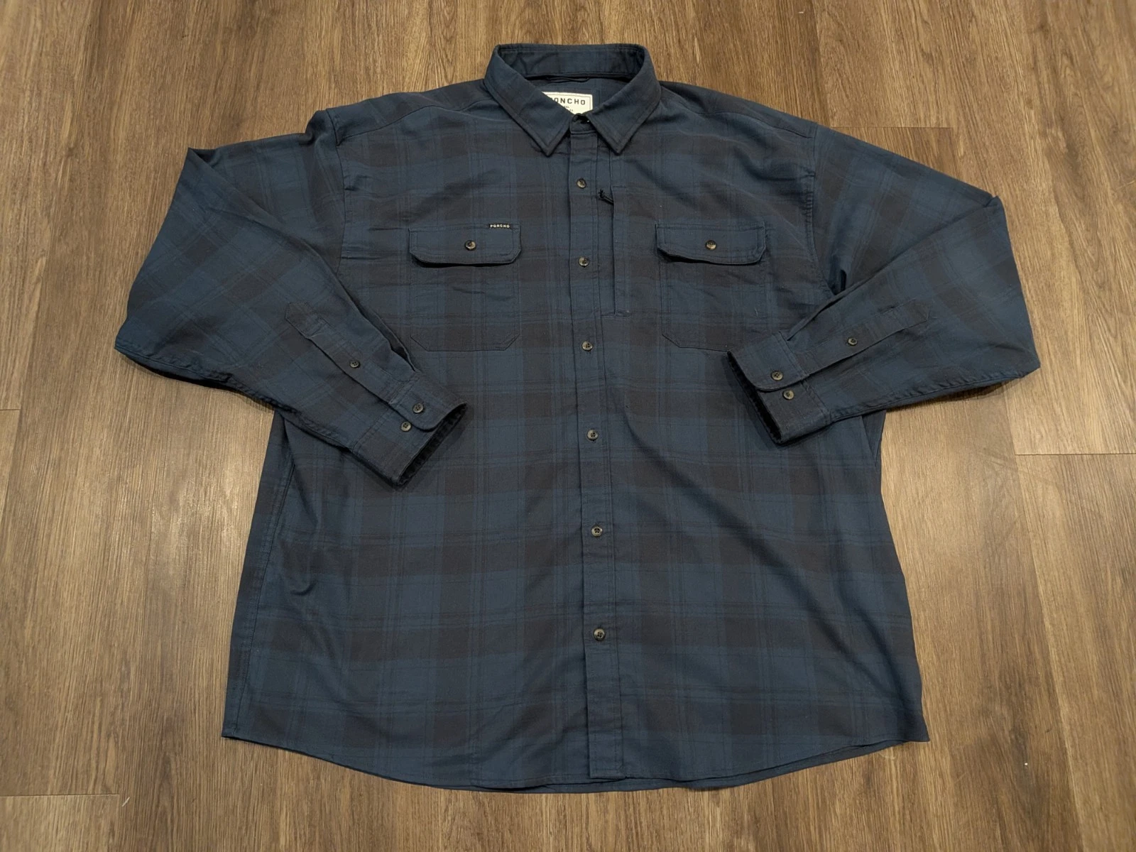 PONCHO Plaid Flannel Button Up Shirt Men's 2XL Blue Magnetic Pockets