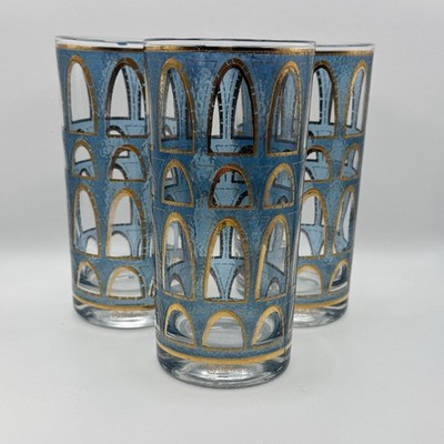 3 Culver Arcade Highball Glasses Blue Gold Arches Mid Century Bar MCM READ