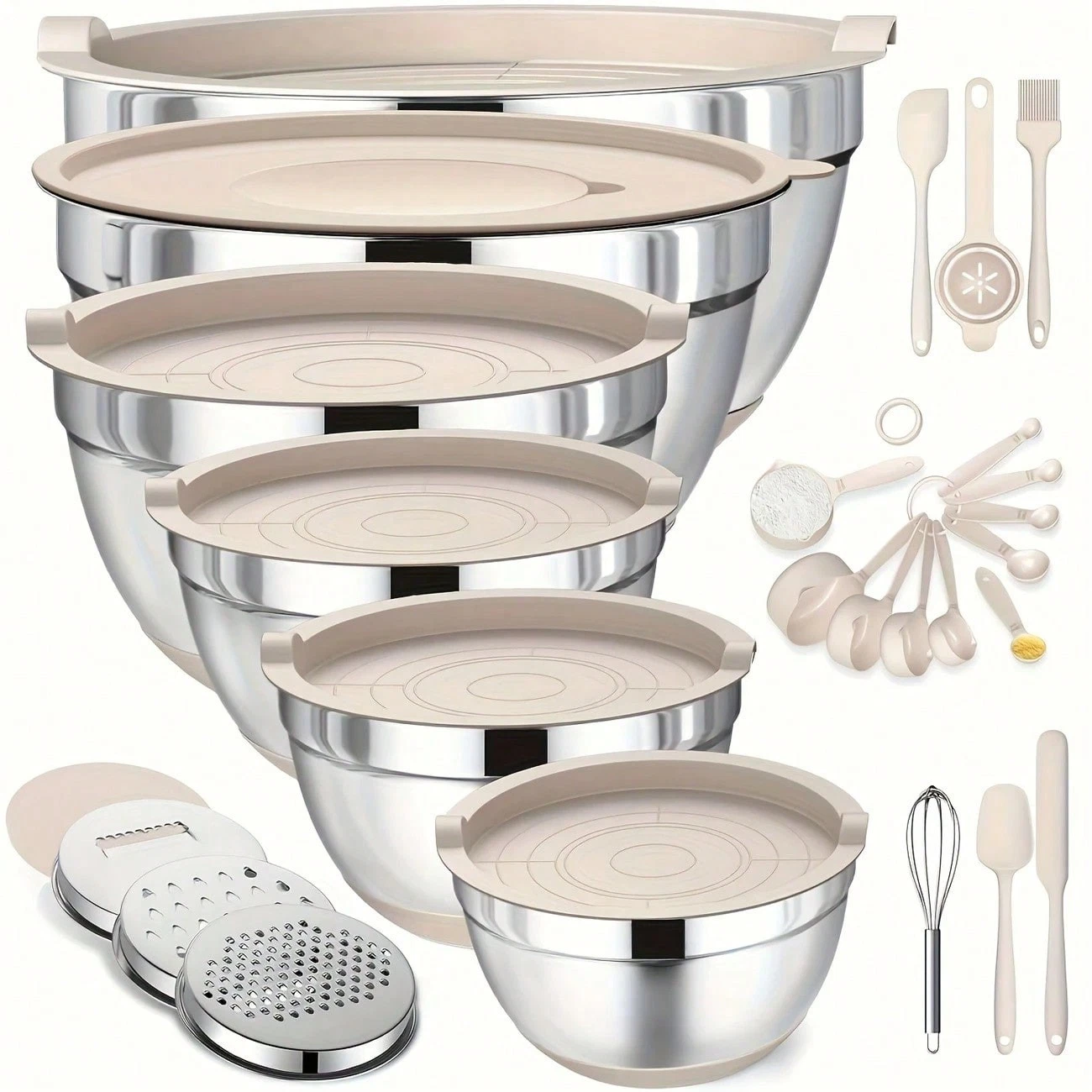 TAIMASI 26PCS Stainless Steel Mixing Bowls Set with Lids & Graters, Khaki