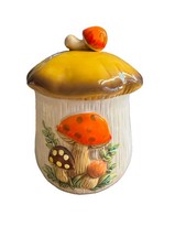 Vtg Sears Roebuck Merry Mushroom 1970s Double Sided Ceramic 7.5" Canister w/Lid