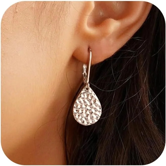 925 Sterling Silver Teardrop Dangle Hammered Earrings for Women Leverb