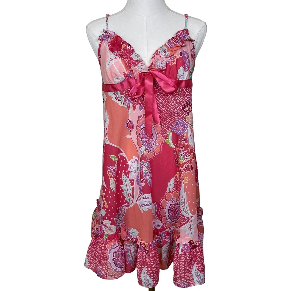 Винтажные женские цветочный оборки V шеи Cami Chemise скольжения платье L Babydoll Y2K - Изображение 2 из 4