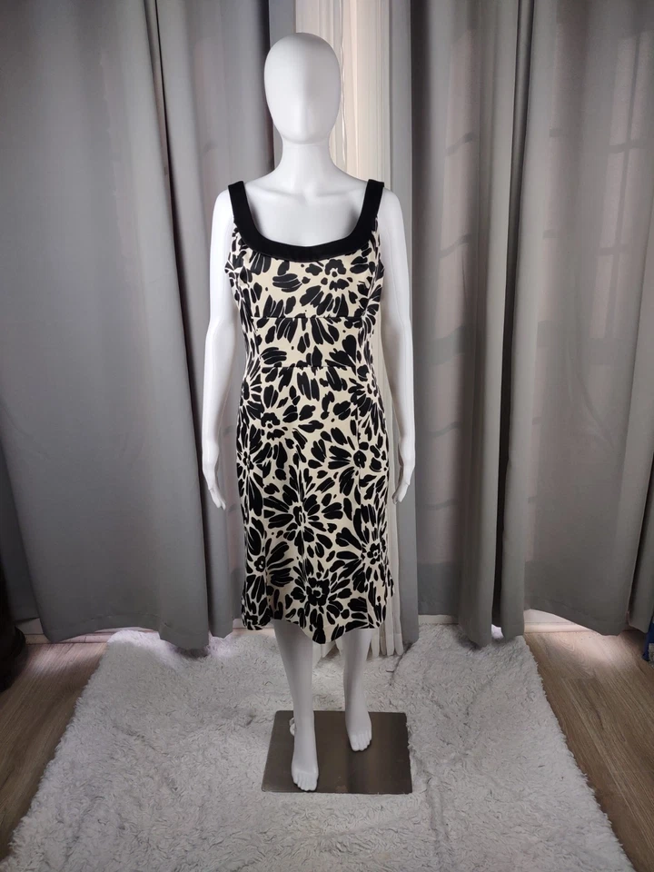Vestido midi Evan Picone para mujer negro crema floral sin mangas cuello redondo talla 10 Foto 2 de 4