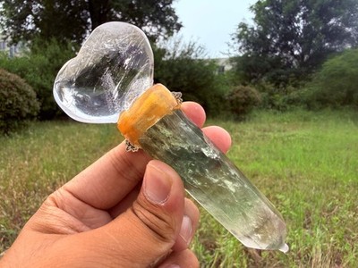 Clear Quartz Heart Green Fluorite Cross Wand Handmade Crystal Scepter Ornme