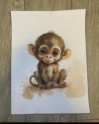 Baby Affe Aquarell Kinderzimmer Wandkunstdruck - niedliches Dschungeltier 11,5'' x 15,5''