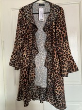 BOOHOO SIZE 8 LEOPARD PRINT WATERFALL FRILL SHORT KIMONO CARDIGAN WOMENS BROWN
