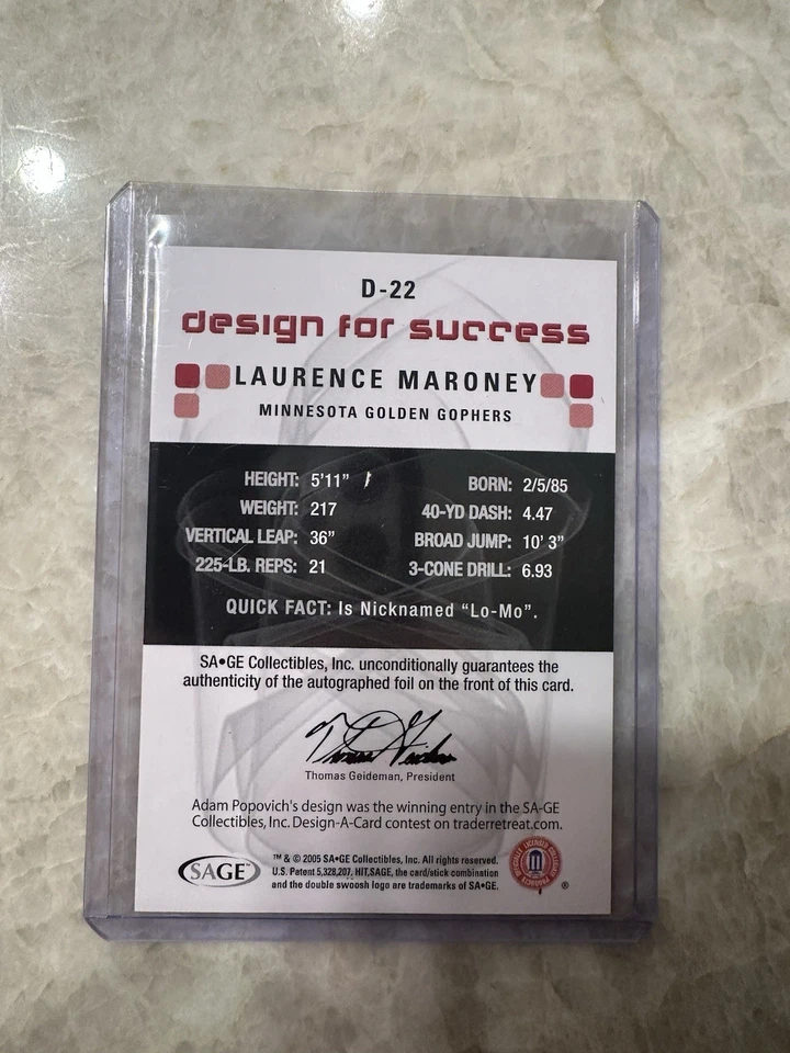 2006 SAGE Hit Design for Success /100 Laurence Maroney #D-22 Rookie Auto RC - Image 4 of 4