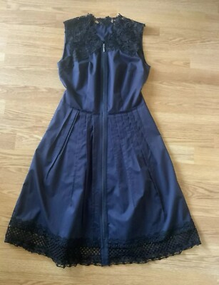 Ellie Tahari Front Zip Sleeveless Dress Sz 2 Navy  With Black Lace