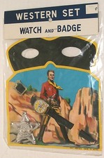 1960s JAPAN vintage COWBOY sheriff TIN BADGE / TOY WATCH w/ LONE RANGER MASK MOC