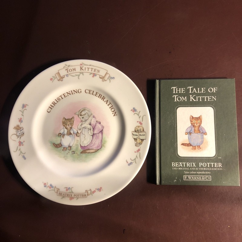 Beatrix Potter Tom Kitten Christening Plate, Royal Albert 1986 & Book, Baby