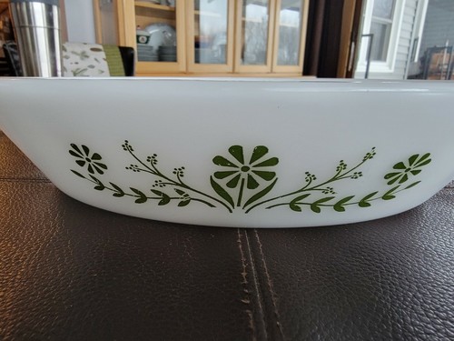 Vintage Glasbake Green Flowers Oval Divided Dish - Picture 5 of 8