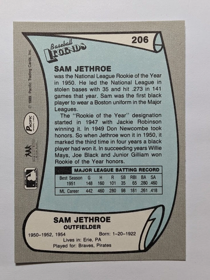 1989 Pacific Baseball Legends - #206 Sam Jethroe - Image 2 of 2