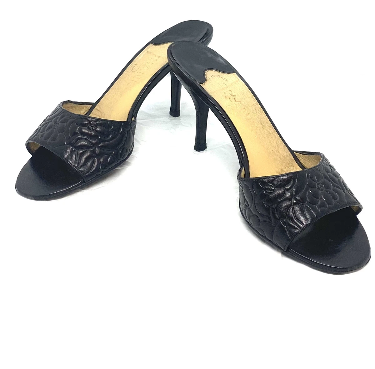 CHANEL Black Slingbacks Sandals Camellia Flower Black Leather And